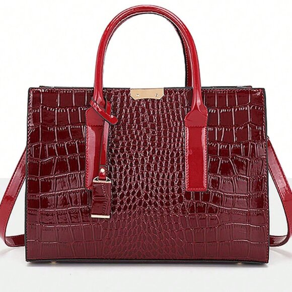 Burgundy Women's Large Capacity embossed crocodile Crossbody Tote - Picture 3 of 8